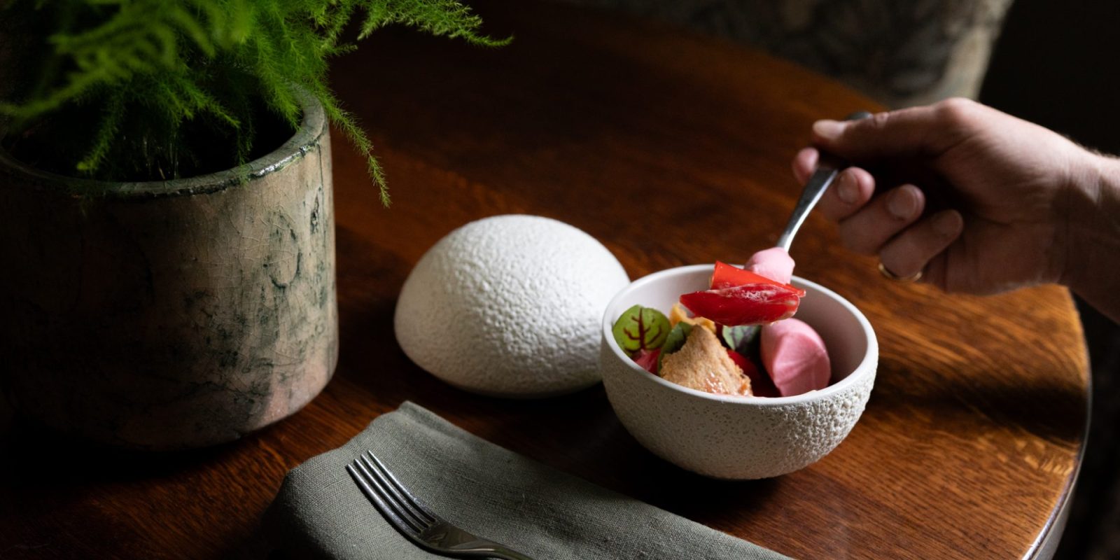 A fruit dessert served in the restaurant area.